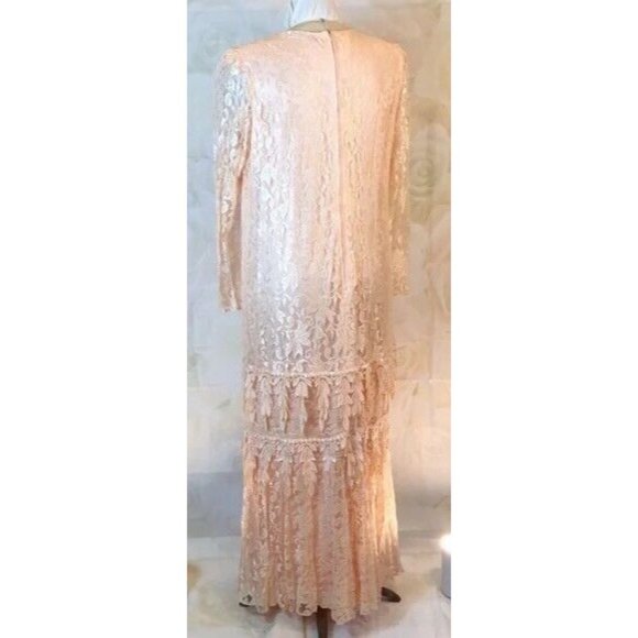 Jill Robbins Formal Maxi Dress Peach Lace Overlay Tiered Long Sleeve Medium - Picture 2 of 8